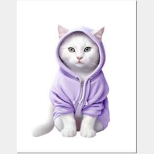 White British shorthair cat wearing purple hoodie Posters and Art